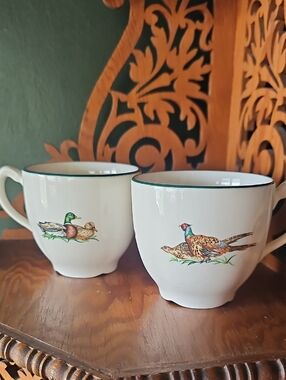 White Ceramic Mugs with Green Rim and Game Bird Design Made In England, Set Of 2